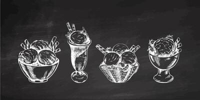 Hand-drawn vintage ice cream scoops and sundaes in bowls sketch on chalkboard background vector