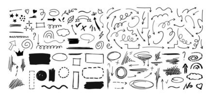 Hand-drawn doodle sketch elements with arrows, shapes, and symbols vector