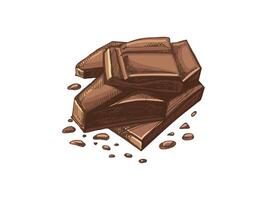 Broken chocolate pieces with crumbs in vintage colored sketch style vector