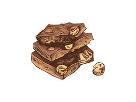 Stack of handmade colored chocolate sketch of pieces with nuts vintage style vector