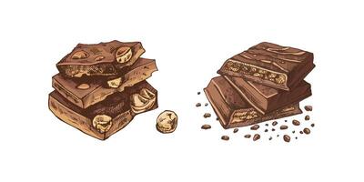 Hand-drawn chocolate nut bar colored sketches in vintage style vector