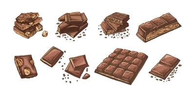Hand-drawn colored chocolate illustrations set featuring bars and chunks vector