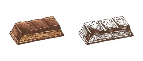 Chocolate bar with textured surface in hand-drawn colored and monochrome sketch style vector