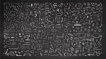 Simple sketch line style elements. Doodle cute ink pen line elements isolated on white background. Doodle arrow, heart, star, decoration symbol, icon set on chalkboard background vector