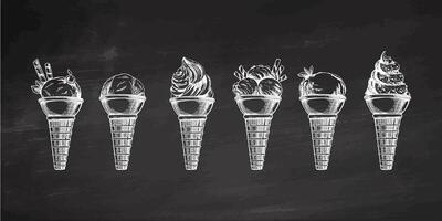 Hand-drawn vintage ice cream cones sketch with scoops and swirls on chalkboard background vector