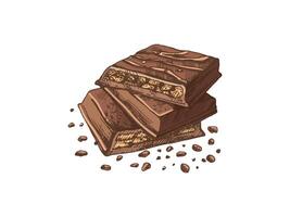 Stack of chocolate bars with crumbs in colored sketch style vector