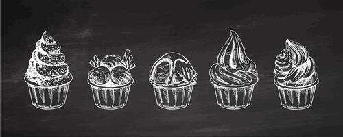 Hand-drawn ice cream cup collection in vintage style with soft serve vector