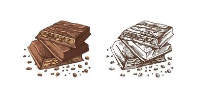 Colored and monochrome sketch of stack of chocolate bars with crumbs in sketch style vector