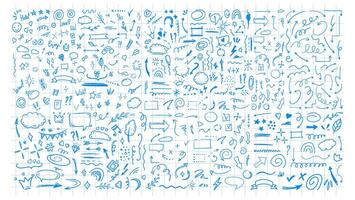 Simple sketch line style elements. Doodle cute ink pen line elements isolated on white background. Doodle arrow, heart, star, decoration symbol, icon set on blue checkered background vector