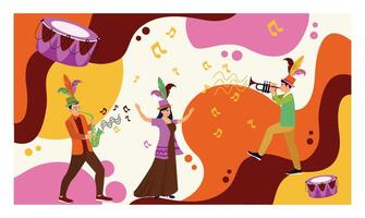 Carnival party with Samba dancers and musical instruments with abstract patterns. vector