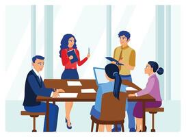 Business team collaborating in a conference room with notes and discussion. vector