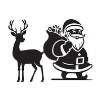 This image is a black silhouette of Santa Claus riding in a sleigh pulled by three reindeer. vector