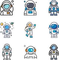 Set of astronaut in various poses in outer space. Spaceman galaxy exploration. Cartoon style three vector