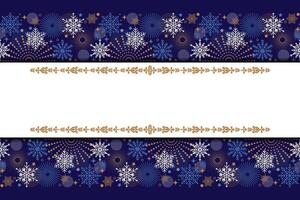 Holiday horizontal banner template with seamless border of snowflakes and copy space. Elegant Christmas ornament with snowflakes, stars and fireworks. Winter design for greeting cards and invitations. vector