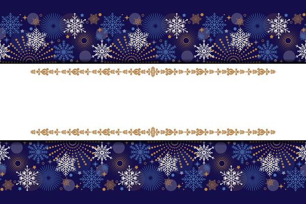 Holiday horizontal banner template with seamless border of snowflakes and copy space. Elegant Christmas ornament with snowflakes, stars and fireworks. Winter design for greeting cards and invitations.