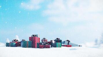 Group of Gift Box in the Snow Ground 3D Animation with Snow Falling video