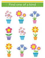 Puzzle game for kids. Task for development of attention and logic. Need to find one of a kind flower pot. Visual intelligence. illustration vector
