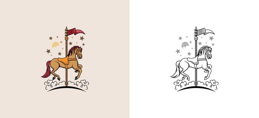 illustration of classic carousel horse logo design with sketches and colorful colors