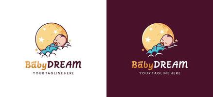 Wrapped baby logo design template sleeping in clouds with moon background vector