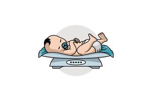 illustration of a baby lying down and being weighed with a modern baby scale vector