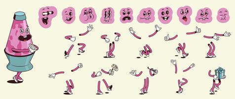 Lava lamp cartoon character with groovy comic faces set. Funny bubbles lamp mascot with bundle of happy, sad, smile and other facial emotions, legs and hands poses and gestures. illustration. vector