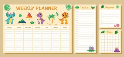 Dinosaur set of weekly planner, to do list, goals and notes. Set with dinosaurs and tropical plants. vector
