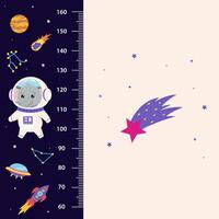 Space animals. Height chart with space elements and animal astronaut elephant. vector