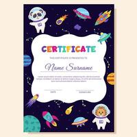 Space diploma, certificate with space elements and animals astronauts. vector