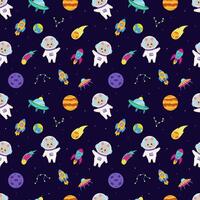 Space seamless pattern with space elements and animal astronaut bunny. vector