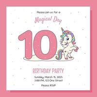Unicorn invitation. Birthday party invitation card with unicorn and birthday anniversary number. vector