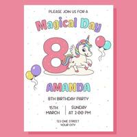 Invitation for birthday party. Unicorn concept. Invitation with unicorn and birthday anniversary number. vector