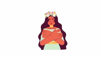 Tranquil hispanic woman with flowers wreath 2D character animation. Virgo zodiac sign cartoon 4K , alpha channel. Latin female radiating femininity animated person on white background video