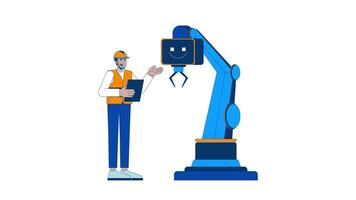 AI technology in manufacturing industry cartoon animation. Robotic artificial intelligence 4K motion graphic. Smart factory tablet engineer hardhat animated 2D character isolated on white video