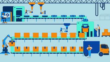 Automotive parts manufacturer cartoon animation. Robotics factory production lines 4K 2D motion graphic. Human workers monitoring industrial robots animated characters on blue background video