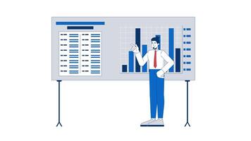 Office worker analyzing bar chart presentation board 2D character animation. Manager cartoon 4K , alpha channel. Caucasian employee analyst corporate report animated person on white background video