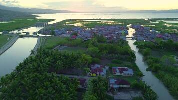 Aerial view of river in the evening. Panoramic view video
