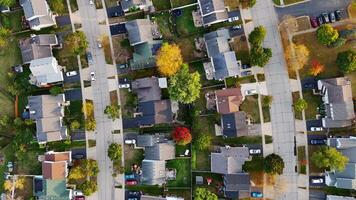 Aerial View of Suburban Neighborhood in Autumn. Overhead view of a quiet suburban neighborhood with tree-lined streets, colorful autumn foliage, and parked cars in driveways. video