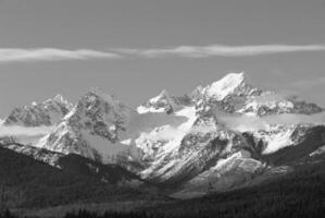 Majestic Snow-Capped Mountain Under a Cloudy Sky with Lush Greenery and Glacial Features photo