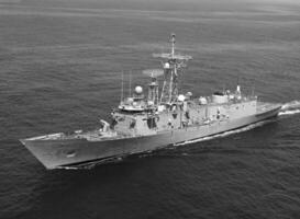 Navy Battle Ship With Guns and Other Weapons Background photo