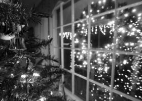 Christmas Tree with Ornaments and Lights by Window photo