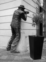 Sculpture close view background. Monument art. Black and white monochrome grayscale photo