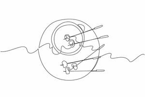 Single one line drawing a pot and some forks stabbed into food. Really enjoyed the process of eating it. Impression way to eat. National Cheese Fondue Day. Continuous line design graphic illustration vector