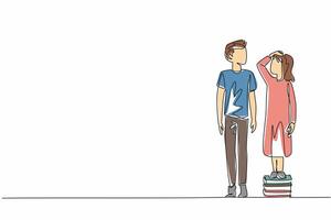 Continuous one line drawing older brother stands on tiptoe while younger sister stands on a pile of books. Want to be on same level. National Siblings Day. Single line draw design illustration vector