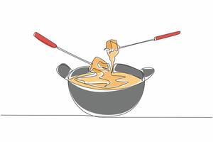 Continuous one line drawing food dipped in cheese liquid in a pan. Swiss specialties when winter comes. Warming the atmosphere. National Cheese Fondue Day. Single line draw design illustration vector