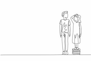 Continuous one line drawing older brother stands on tiptoe while younger sister stands on a pile of books. Want to be on same level. National Siblings Day. Single line draw design illustration vector