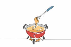 Continuous one line drawing pan heated over fire, inside the pan is melted cheese. Keeps the pot warm. True friend in winter. National Cheese Fondue Day. Single line draw design illustration vector
