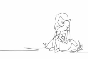Single continuous line drawing girl sitting on a large rock holding a baby goat. Loving livestock until they reproduce. Little shepherd. National Farm Animals Day. One line design illustration vector