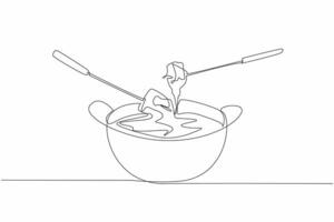 Continuous one line drawing food dipped in cheese liquid in a pan. Swiss specialties when winter comes. Warming the atmosphere. National Cheese Fondue Day. Single line draw design illustration vector