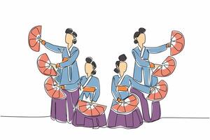 Single continuous line drawing group of women wearing Hanbok posing doing fan dance. Introducing traditions in a unique way. Local customs. Art. Fan Dance Day. One line design illustration vector