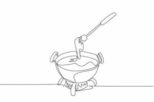 Continuous one line drawing pan heated over fire, inside the pan is melted cheese. Keeps the pot warm. True friend in winter. National Cheese Fondue Day. Single line draw design illustration vector